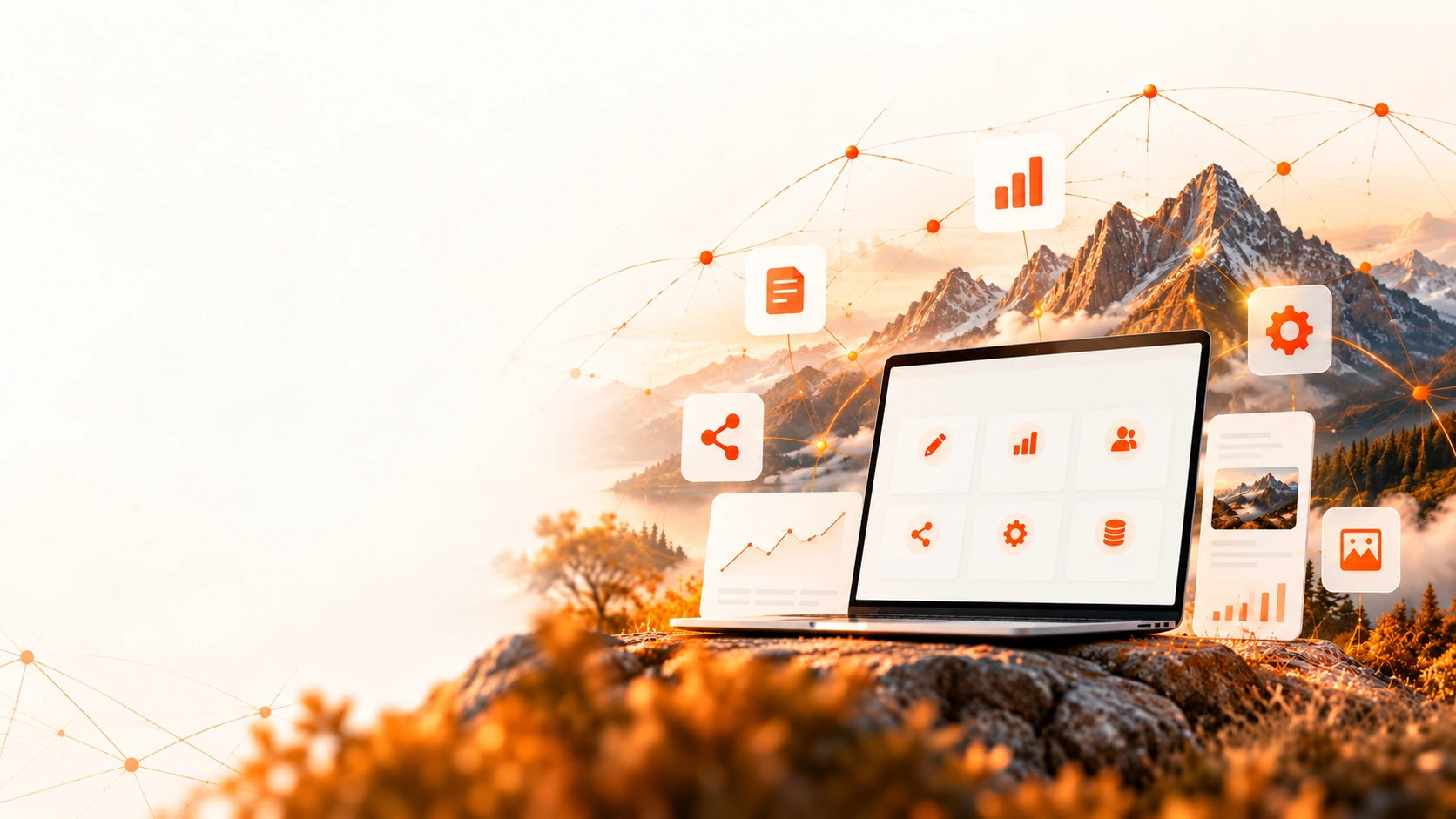 Mountain landscape and devices representing Blurt tools